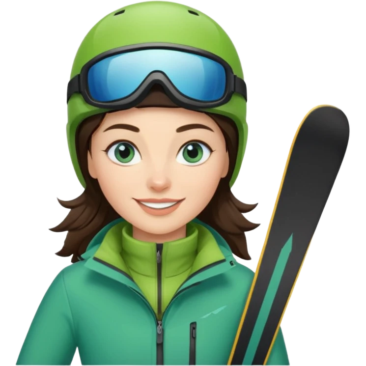 brunette with blue eyes skiing downhill in a green jacket emoji