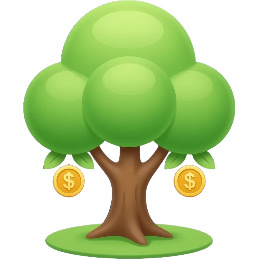 Apple-style money tree, round soft green canopy. No pot, no ground — only the tree. Small gold coins as fruits inside the leaves. Flat 2D vector, clean shapes, no gradients. Dark near-black background, premium fintech icon. emoji