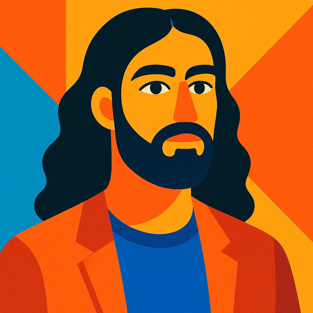 a man with dark long hair and a beard, modern illustration style emoji