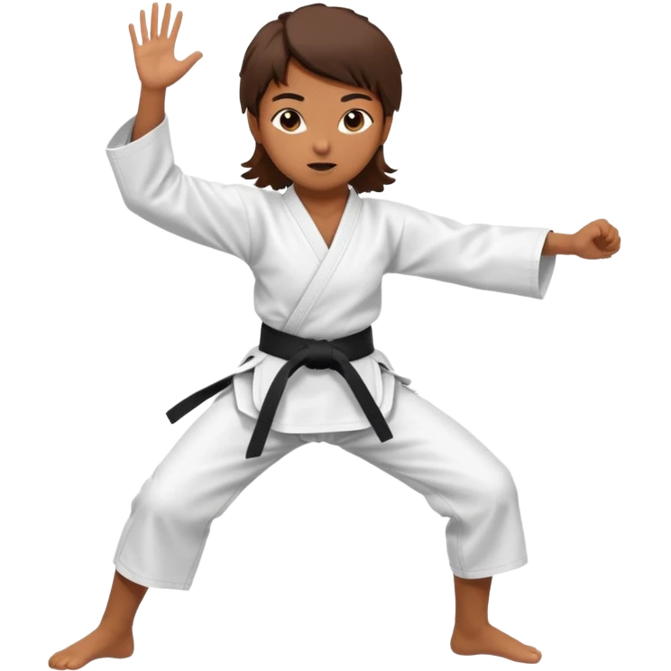 Ragazza castana che pratica karate, ha la cintura nera ed io tradizionale kimono bianco del karate, tira un calcio laterale oppure un pugno oppure è in posizione di guardia emoji
