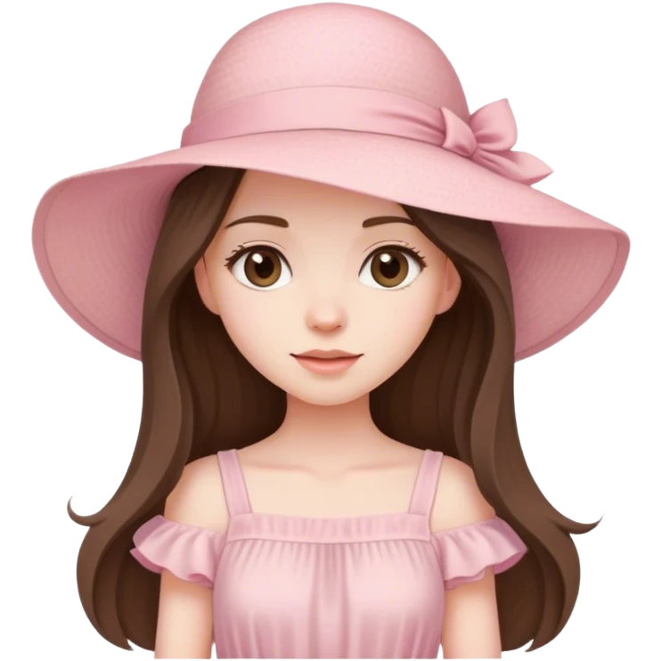 beautiful pale brunette girl with long hair in a light pink summer dress and hat emoji