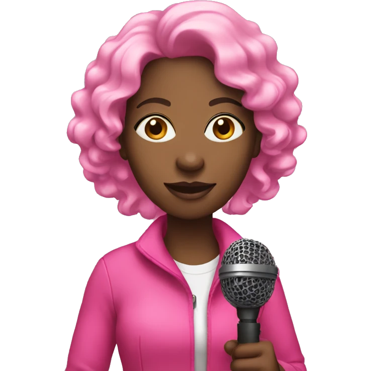 Black woman walking with microphone wearing pink emoji