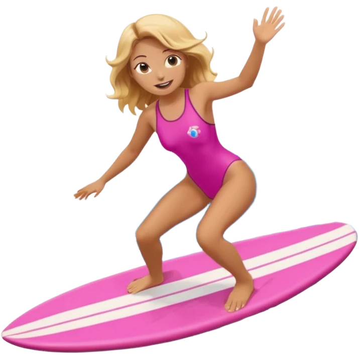 surf girl riding a wave on a board, pink one-piece swimsuit, cheerful, emoji style emoji