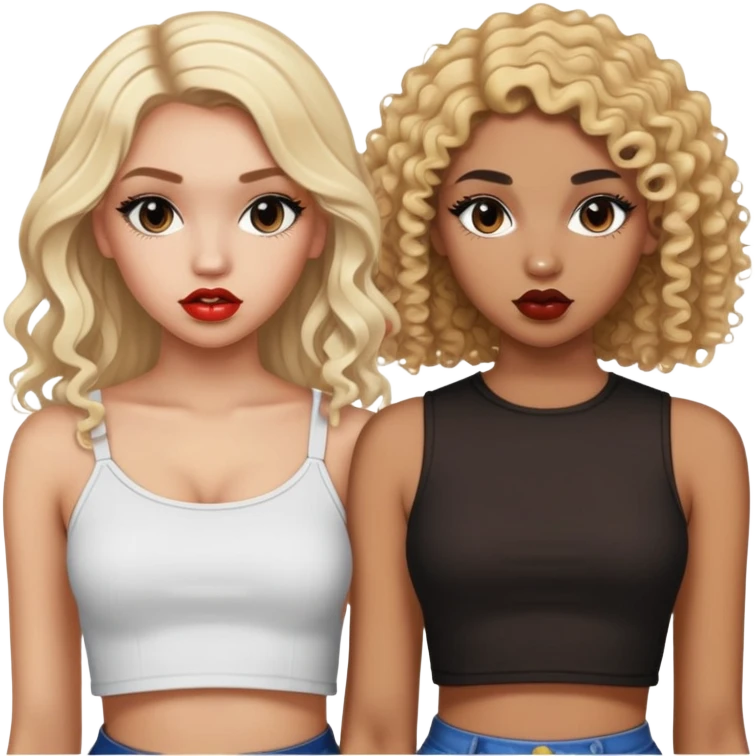 Two teenage girls together, one white with straight blonde hair and one brown-skinned with curly dark hair, both with heavy makeup, big lips, crop tops and choni style clothing emoji