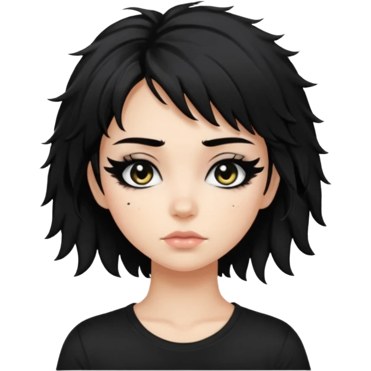 a pretty bratz fair girl with messy shaggy black hair with mascara smudged wearing a tight black tee emoji