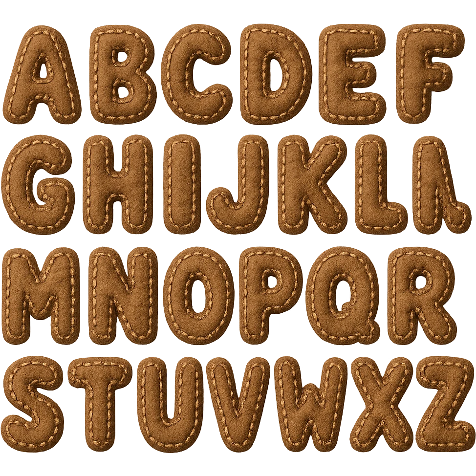 brown plush English alphabet, letters with patchwork design, soft texture emoji
