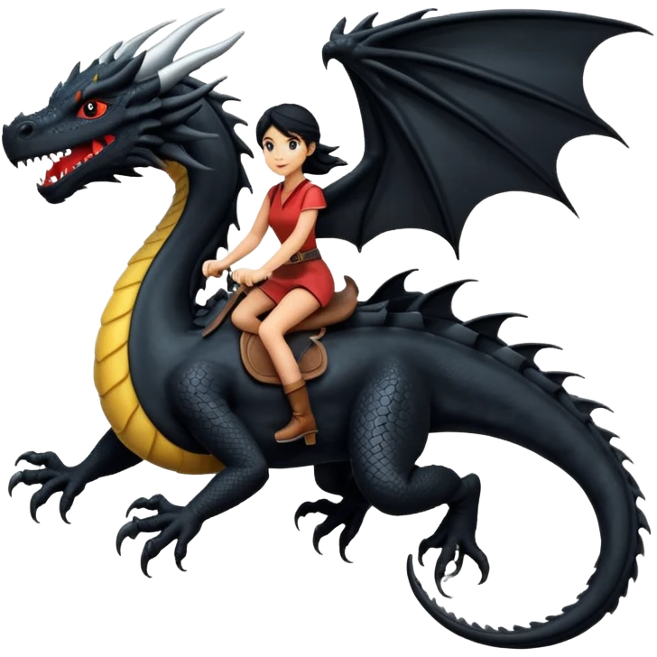 Extreme huge black dragon flying with a female rider on top of it emoji