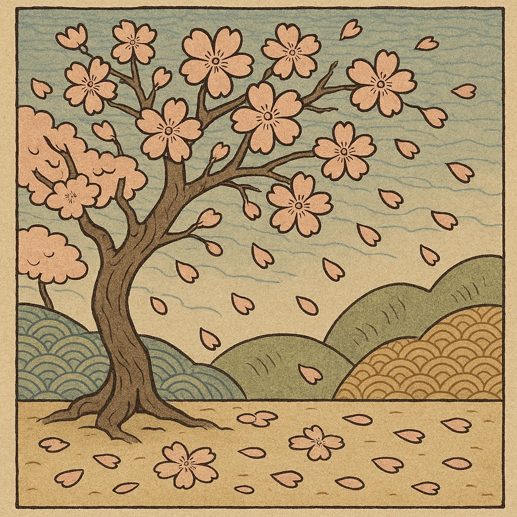 cherry blossom tree with petals falling, ukiyo-e style illustration emoji