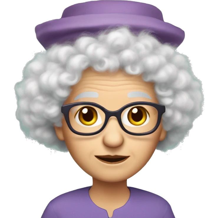 Small Caucasian elder woman with glasses- lavender fluffy hair- big red truffle hat- green dress- small mosquito wings on back emoji