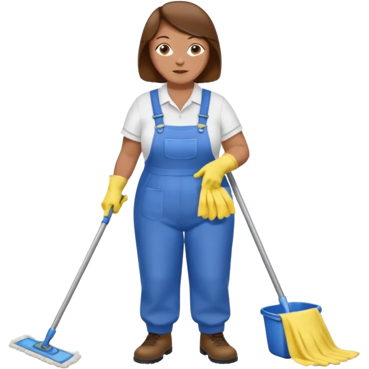 old and fat women, brown hair, Custodian with yellow rubber gloves, white T-shirt, blue overalls, mopping floor emoji