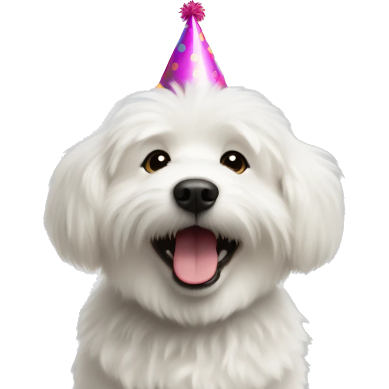  white fluffy Dog with party hat saying have a good day emoji