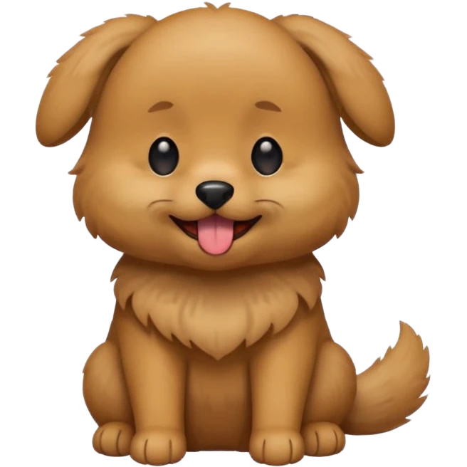 Cute small brown fluffy dog emoji icon. Round face, short muzzle, light brown fur with slightly darker ears, small black nose, happy smiling expression with tongue out. Soft friendly eyes, sitting pose with front paws together. Simple clean vector style, minimal details, kawaii style. emoji