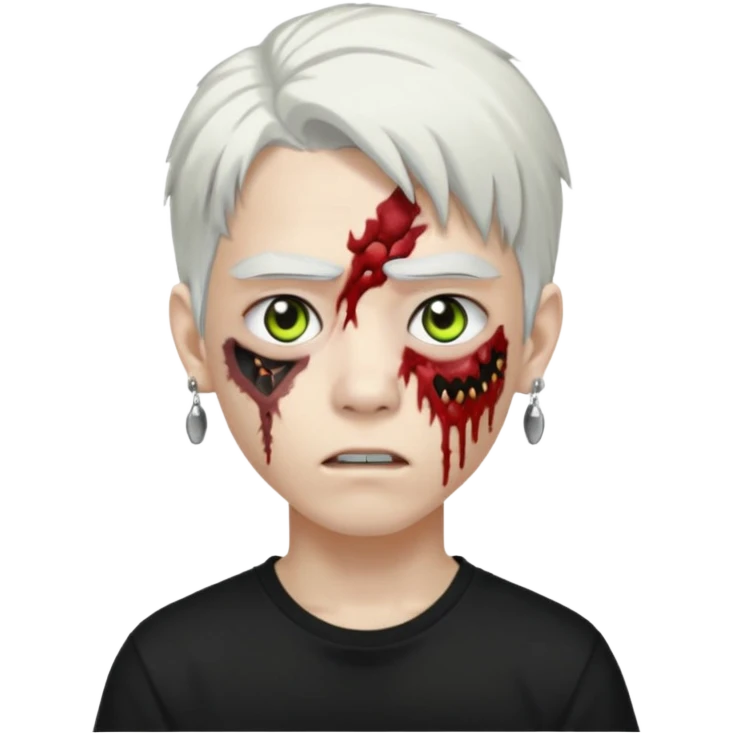 ok make a zombie avatar that has pale skin, young, asian, mullet hair, white hair with earrings wearing just a black T shirt white blood from the eyes emoji