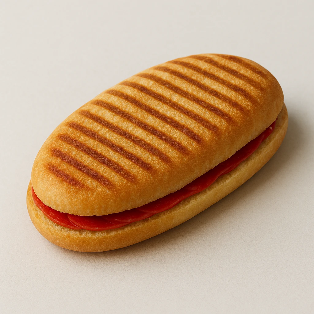 panini in oval shape, red filling inside, focus on sandwich, clean look emoji