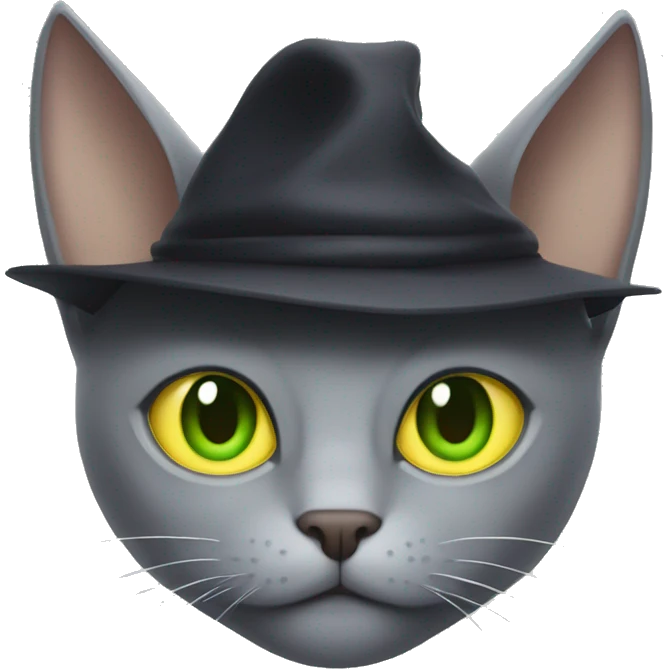 Gray cat with green-yellow eyes with bat hat on his head emoji