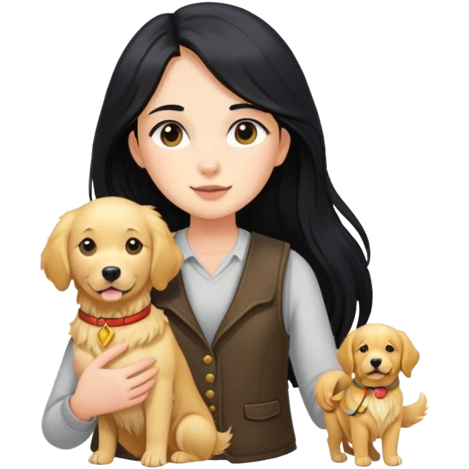 Long black hair - a girl in a vest holding a golden retriever emoji