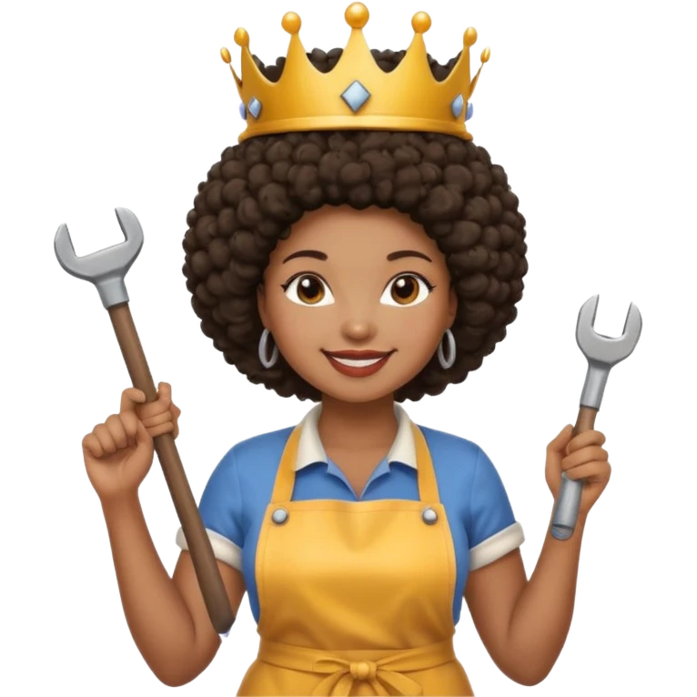 Mujer curvy afro, con vestimenta cómoda y delantal,con una corona sobre su cabeza y sonrisa contagiosa. En la mano herramientas de construcción emoji