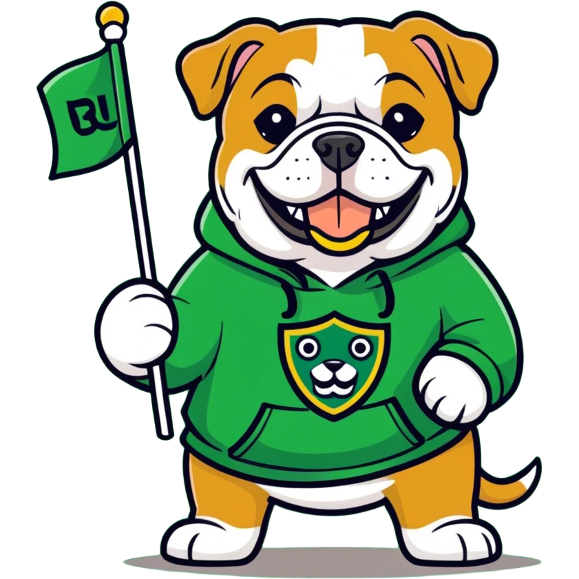 A bulldog wearing a green sweatshirt holding a little green flag emoji