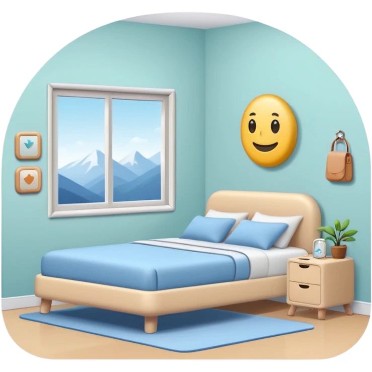 cozy clean room with neatly organized objects, simplified human character standing peacefully, feeling satisfied and calm, sense of order and balance, flat custom emoji sticker, pastel colors, rounded shapes, minimal details, thick outline, white background, no text emoji