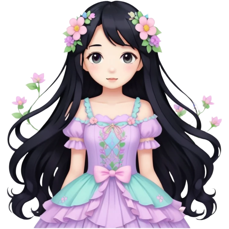Kawaii anime lady with long black hair wearing a gorgeous pastel fairycore dress with flower details emoji