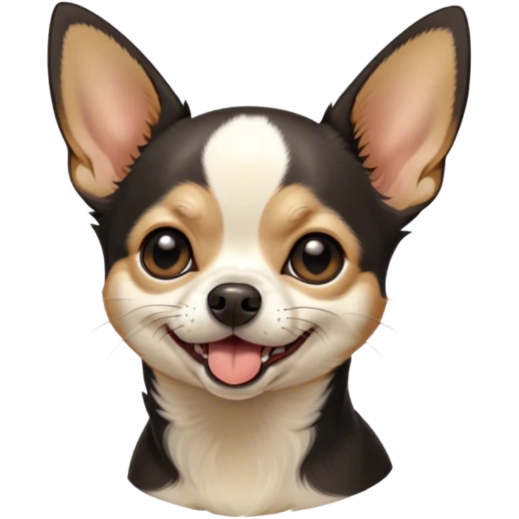 Cinematic Cute Yawning Black Tri Short Haired Chihuahua Portrait Emoji, Head tilted slightly with a dramatic, wide-open yawn, soft black tri-color fur with defined patches of white and tan, floppy ears slightly drooping, round dark eyes barely open in drowsy contentment, Simplified yet irresistibly adorable features, highly detailed, glowing with a soft, cozy glow, high shine, relaxed yet expressive, stylized with a touch of whimsy, bright and endearing, soft glowing outline, capturing the essence of a sleepy yet affectionate pup, so drowsy it feels like it could stretch right out of the screen and curl up for a nap! emoji