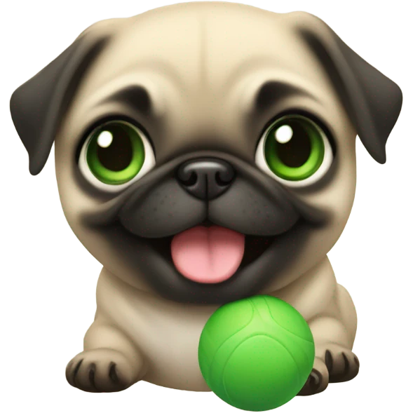 Smiling Baby pug with green eyes playing with a green ball emoji