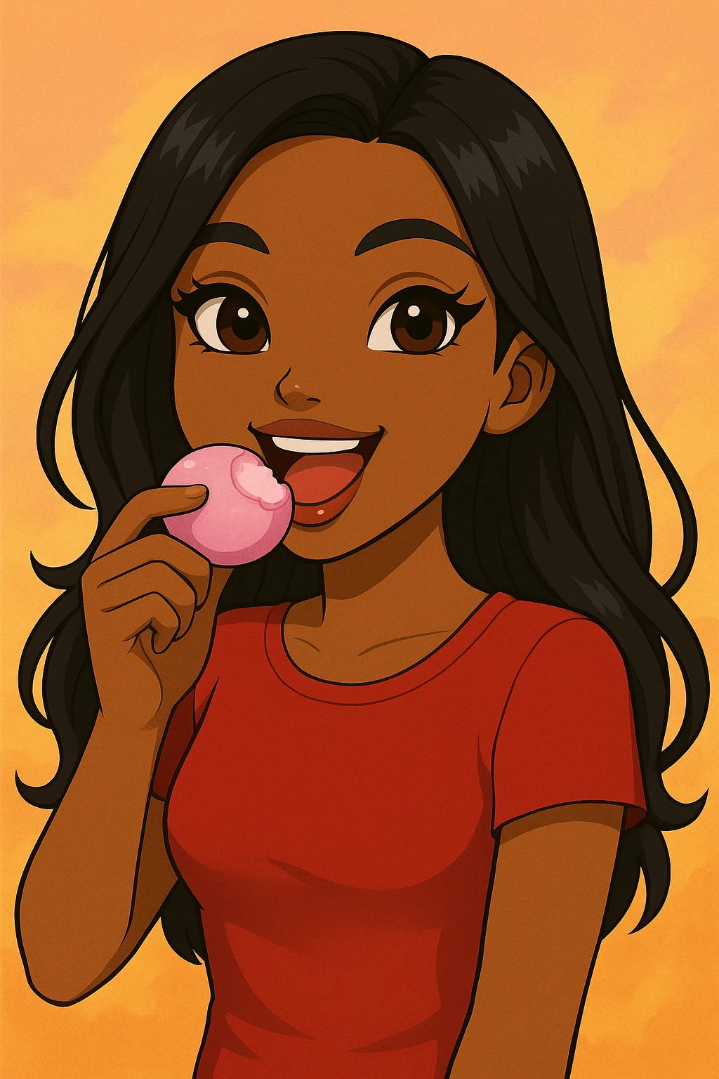 Change the pose to eating pink mochi ice cream, headshot only, 20-year-old anime Bratz style woman with dark skin, straight hair, brown eyes, red shirt, trendy outfit, glossy lips, no hat, no tears, happy expression, both eyes open, looking straight ahead. emoji