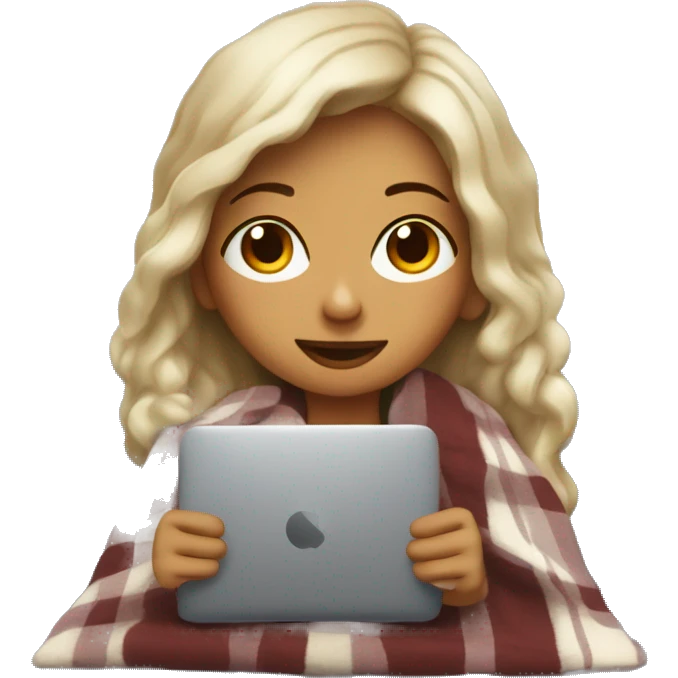 Cozy darker blong haired girl with cozy blanket and coffee on the couch with laptop emoji