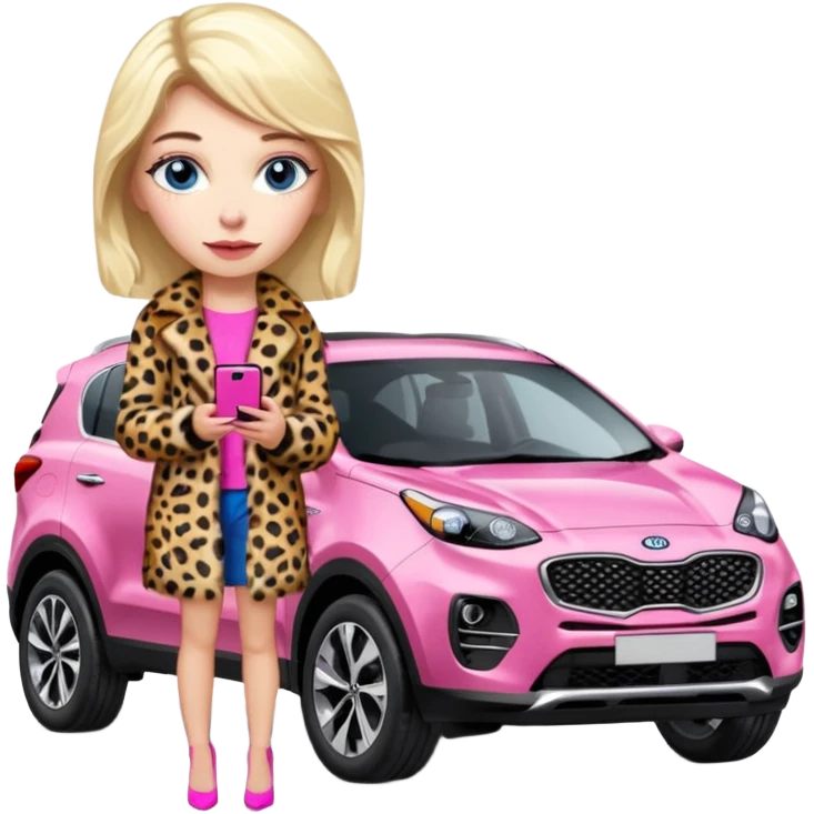 a blondie queen Arina in a leopard fur and pink iPhone on her kia Sportage car. blue eyes emoji