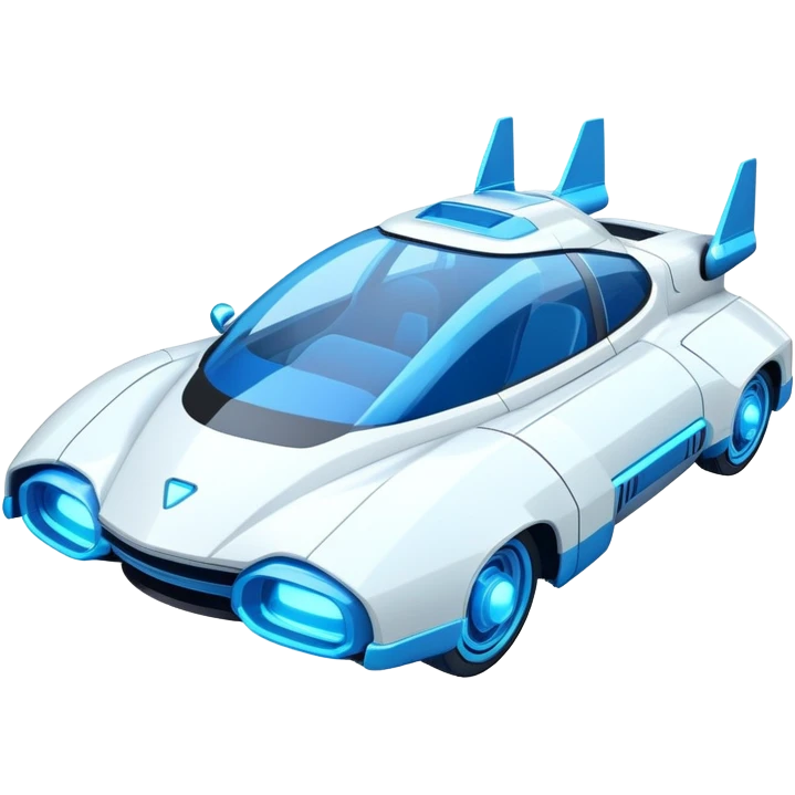 Futuristic retro hover car with angular design and glowing blue wheels, flat vector style, minimal color palette with blue highlights emoji