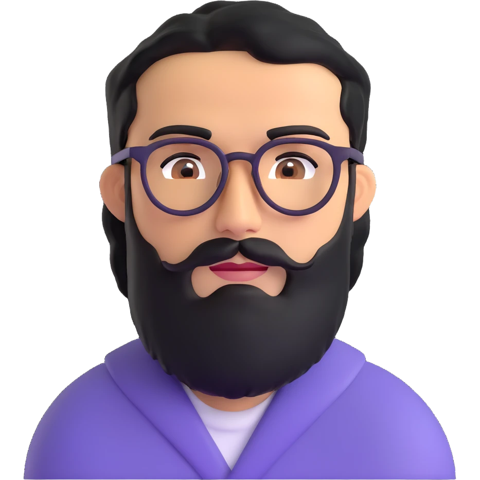 middle eastern man with medium length jet black beard, black hair, unibrow, tan skin, brown eyes, wearing glasses emoji