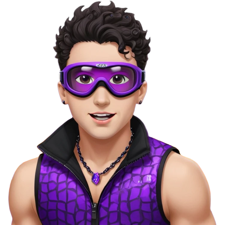 close-up of bad guy male athlete with white skin and moderately curly dark brown hair on top with shaved sides, wearing ski goggles with purple frames and very dark black lenses, a simple plain black chain necklace, and a completely unzipped sleeveless vest with purple and black sequin fire pattern design with no logo, pulling his tongue out very far in an exaggerated mocking gesture, looking menacing and villainous emoji