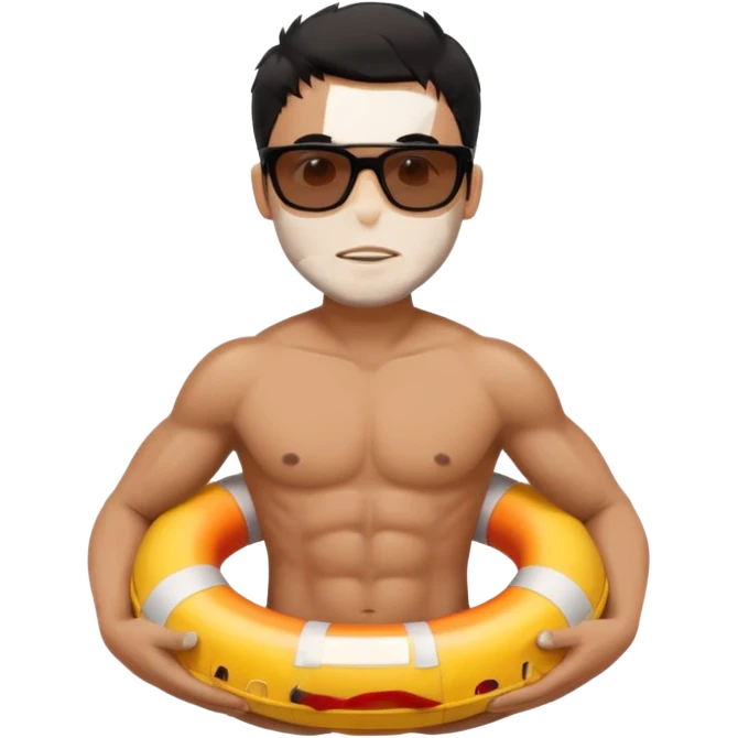 Dark Tan Muscular lifeguard without shirt with messy black hair with sunglasses, with life preserver emoji