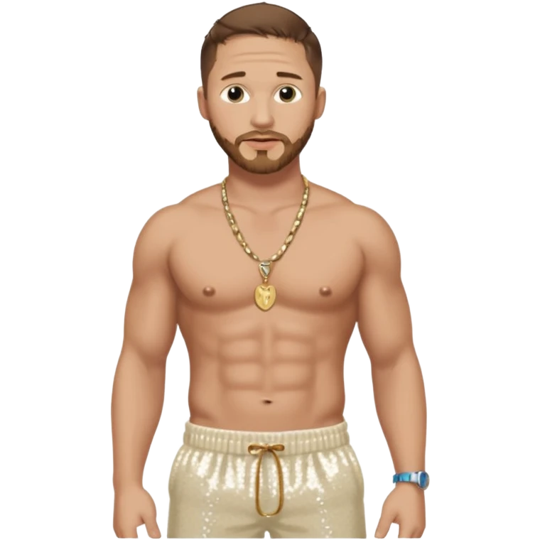Tom Hardy with brown hair, cream sequin baggy pants, shirtless with necklace emoji