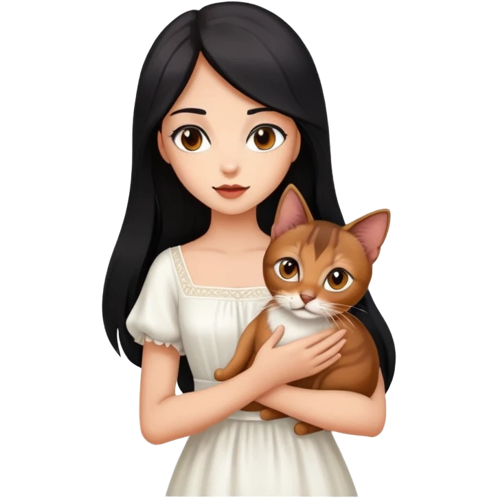 beautiful girl with long black hair wearing a white dress holding an Abyssinian cat with reddish-brown fur in her arms emoji
