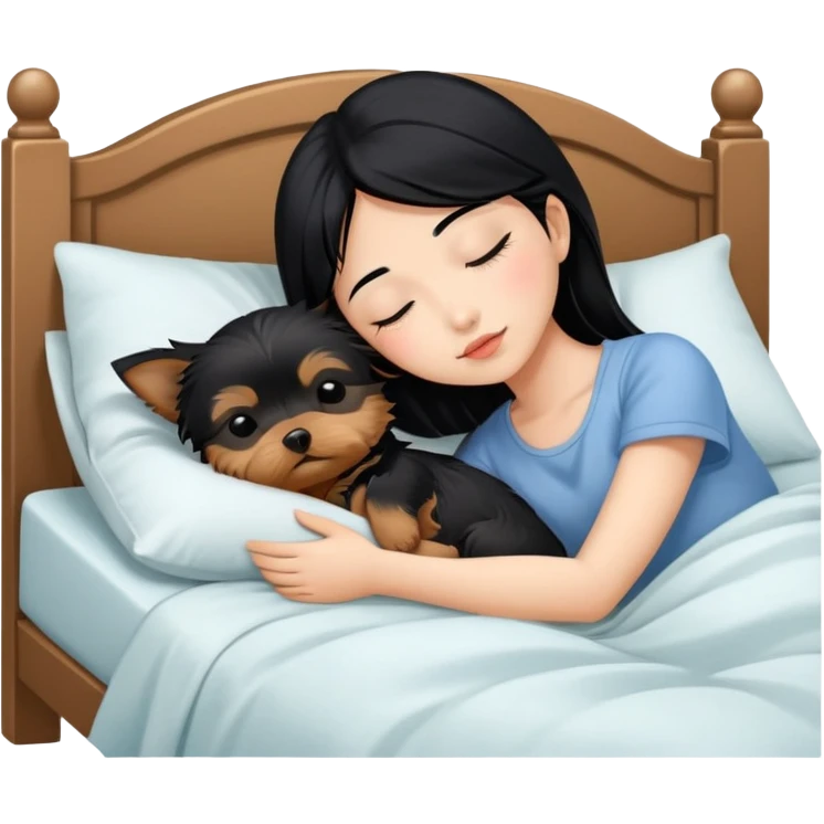 pretty asian girl with black hair sleeping in bed with small yorkshire terrier emoji