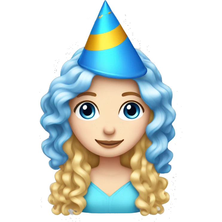 White Girl with blue eyes long spiral curly blonde hair wearing a party hat   emoji