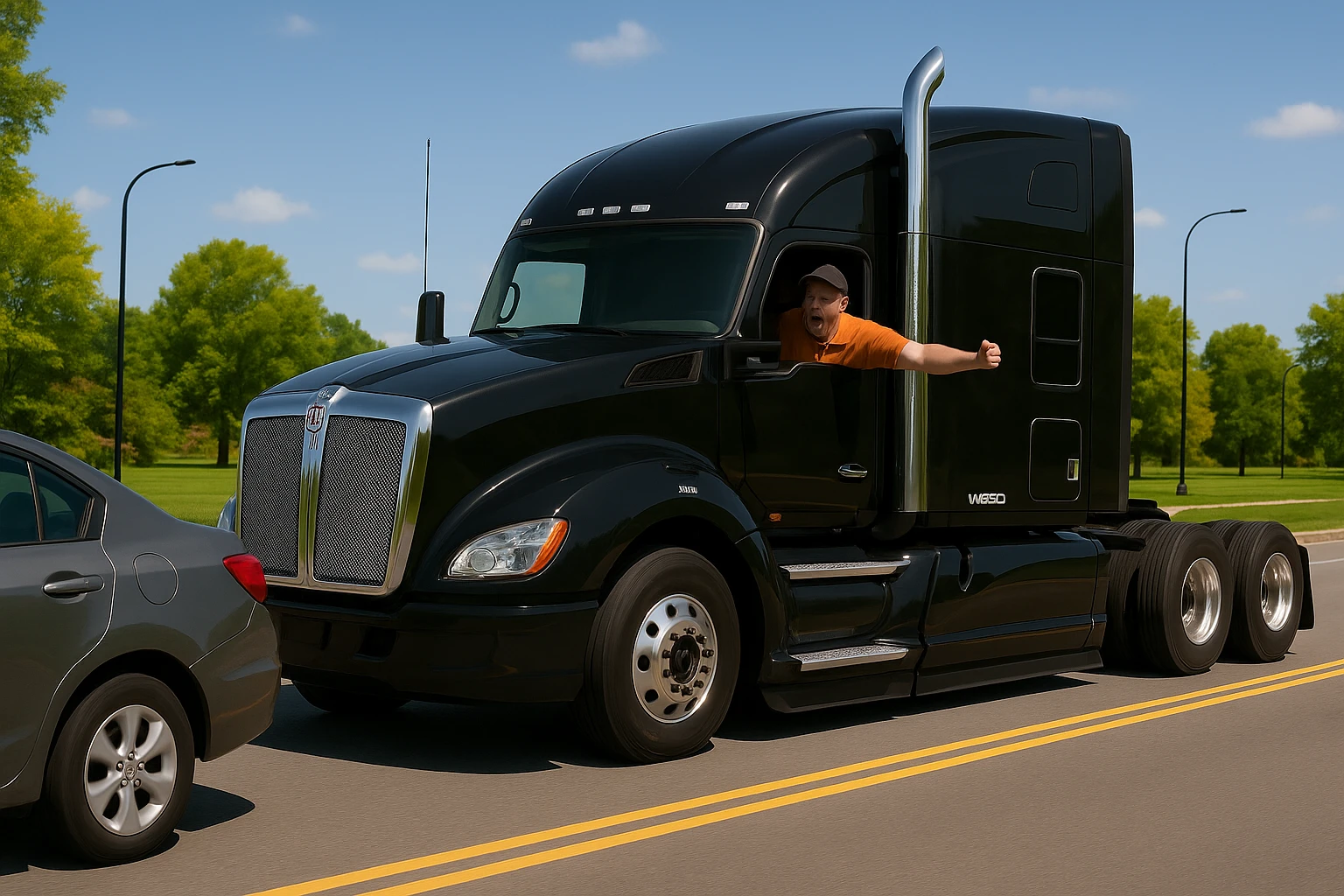 Zoom the scene out so the view is a little farther away, showing more of the road and both vehicles. Keep the black Kenworth W680 semi with chrome stack, angry bald driver in orange shirt and baseball cap, arm out the window, following a car. Scene should remain bright and vibrant. emoji
