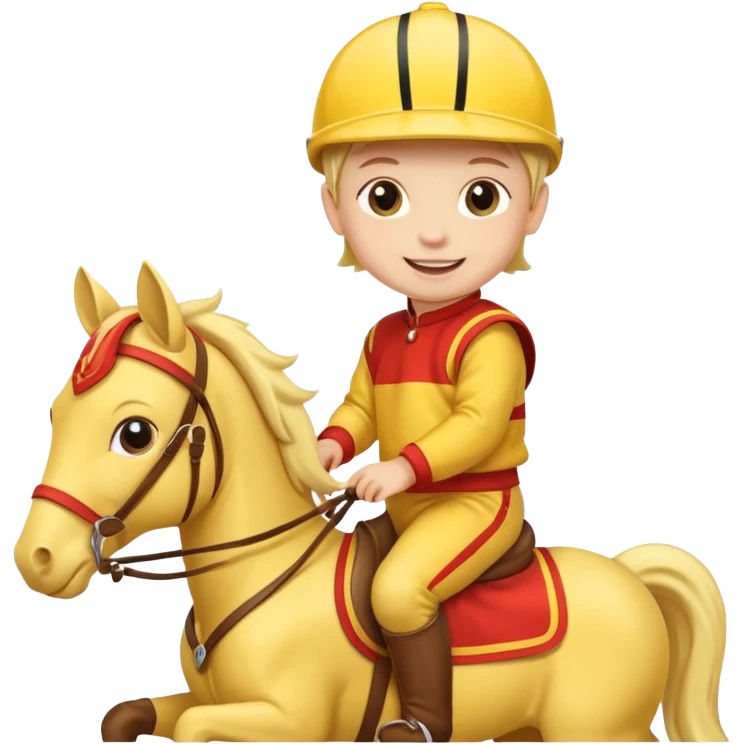 baby riding horse wearing racing cloth yellow emoji