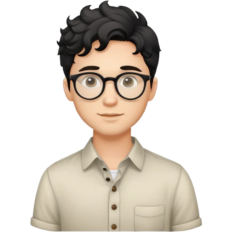 Upper body only of young caucasian man with black wavy hair, round glasses, wearing comfortable buttoned shirt emoji