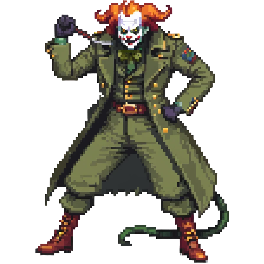 evil clown soldier, bald, small black horns on forehead, fangs, pointed ears, eye patch over one eye, long coat over black and military green clothes with bellbottom pants, tail, holding a different style of whip, realistically proportioned, less bulky, full body, fighting stance emoji