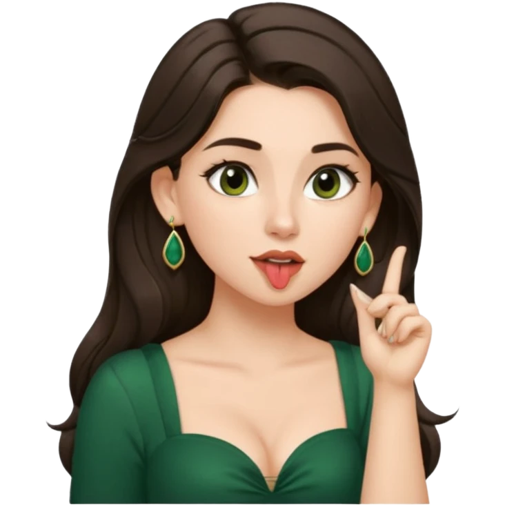 pretty bratz genmoji that looks like tamannah bhatia (bollywood actress), wearing a dark green sweetheart neckline top, dark brown hair, light makeup, no necklace, dangly earrings, SIDE hair part, fair. dark brown eyes, long hair

Show her licking her finger  emoji