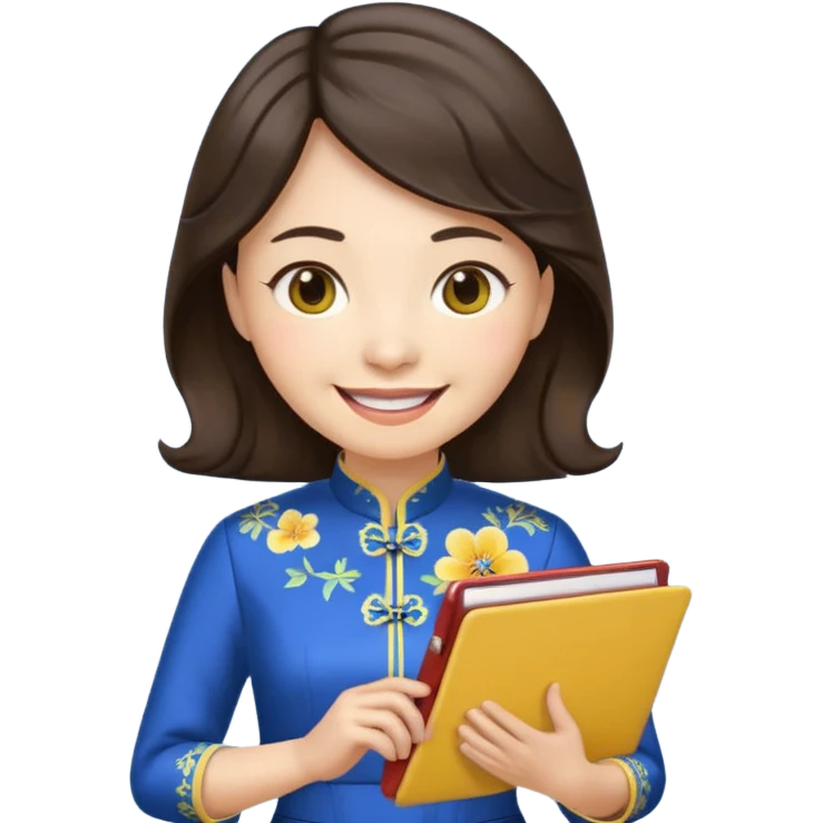 Teacher emoji but : wavy (not straight) dark brown hair, light skin, no glasses, dark eyes, with a computer folder in the hand (color is yellow), being a teacher, wearing a chinese qipao ( dark blue), smile with teeth




 emoji