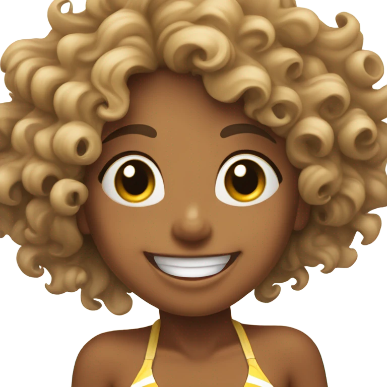 Tan girl with curly hair in a bikini on the beach having the best time of her life emoji