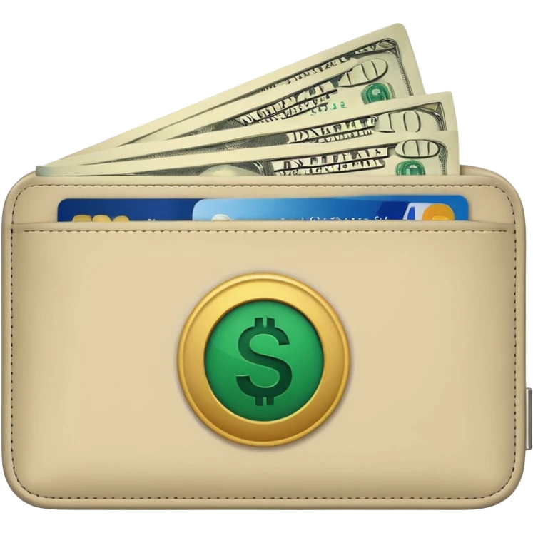 light beige wallet with visible dark green dollar dollar bills, minimalist, emoji style emoji