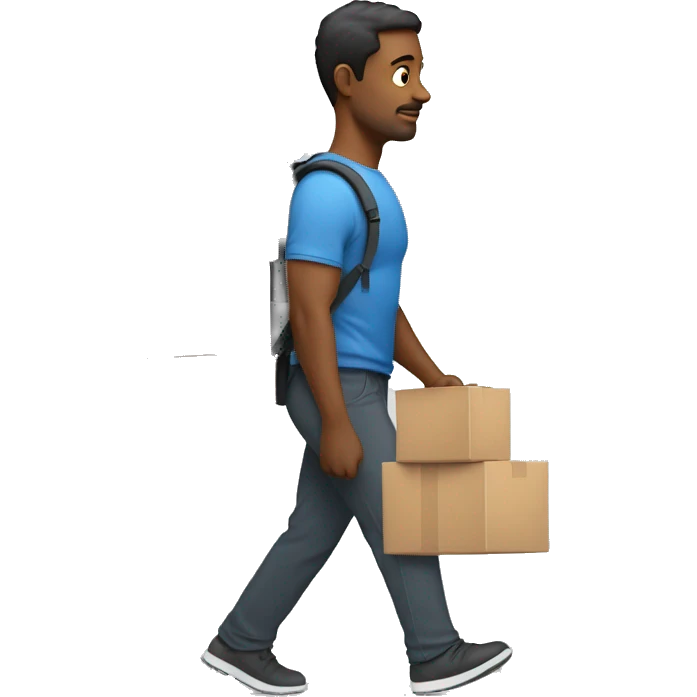 A man walking while carrying a few boxes and weights on his back. Put them on a backpack, also, make the man look like he is almost struggling to carry them emoji