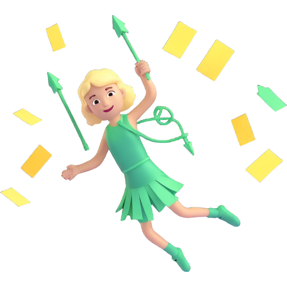 3D icon of a person in mid-jump, multitasking, arrows radiating outward, floating sticky notes, sparkles, dynamic motion, bright colors, vibrant lighting, playful and organized chaos, planning style emoji