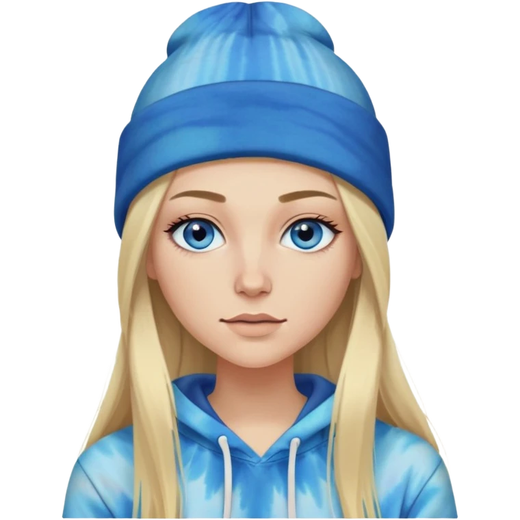 White woman with long blonde straight hair and blue eyes with long eyelashes and tiedye hoodieand a blaclk beanie emoji