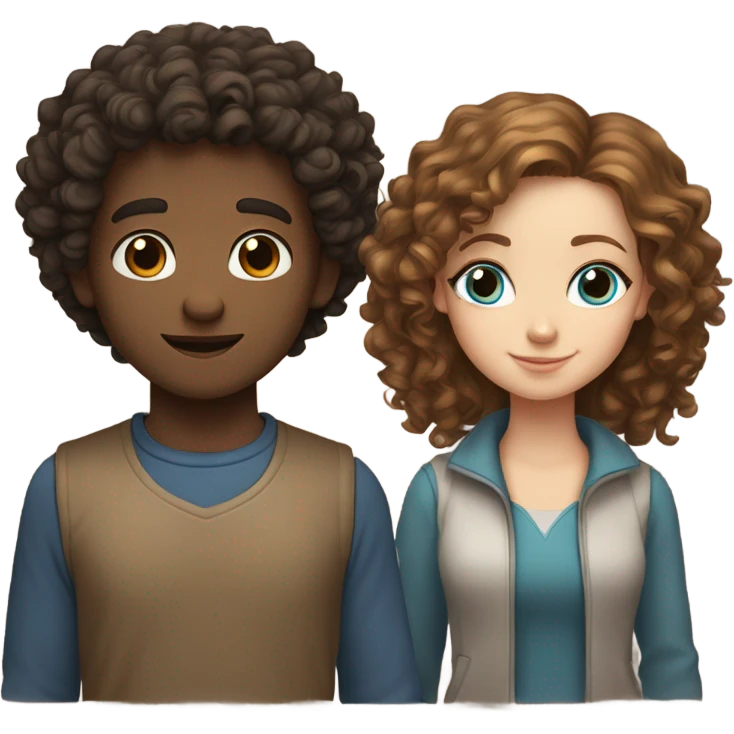 Girl with curly hair and blue eyes. And a guy with brown hair brown eyes. Both white skin emoji