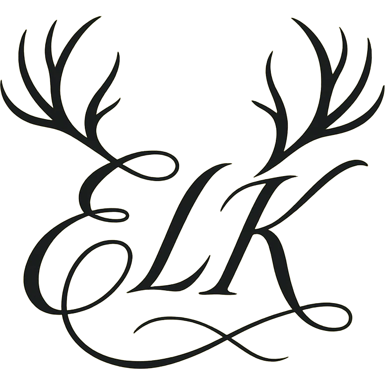 ELK written in elegant script, with elk antlers growing from the tops of the letters, sophisticated and stylish. emoji